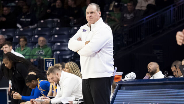SOUTH BEND, IN - DECEMBER 29: Pittsburgh Panthers head coach Tory Verdi looks on during the game between the Pittsburgh Panthers and the Notre Dame Fighting Irish on December 29, 2025 at Purcell Pavilion in South Bend, Indiana.