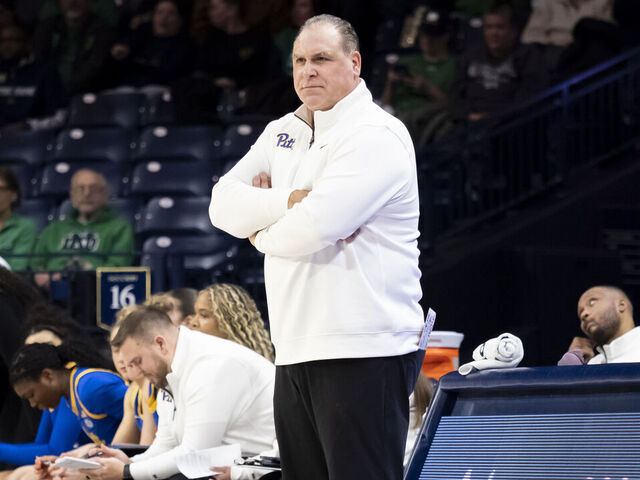 SOUTH BEND, IN - DECEMBER 29: Pittsburgh Panthers head coach Tory Verdi looks on during the game between the Pittsburgh Panthers and the Notre Dame Fighting Irish on December 29, 2025 at Purcell Pavilion in South Bend, Indiana.
