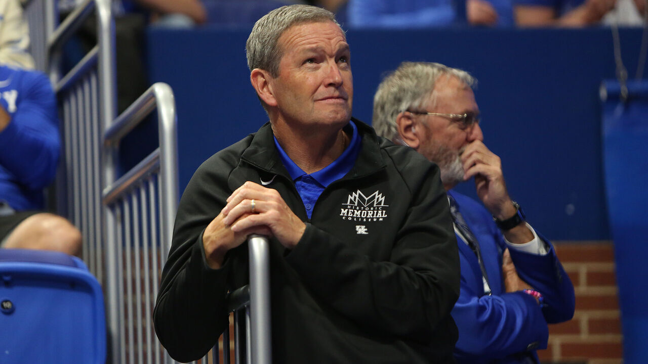 LEXINGTON, KY - OCTOBER 29: University of Kentucky Athletics Director Mitch Barnhart watches a game between the Minnesota State Mankato Mavericks and the Kentucky Wildcats on October 29, 2024, at Rupp Arena in Lexington, KY.