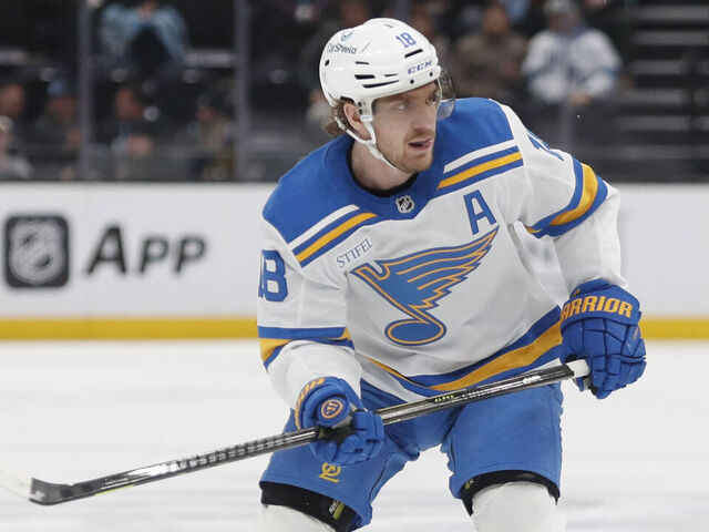 SALT LAKE CITY, UT - JANUARY 9: Robert Thomas #8 of the St Louis Blues skates against the Utah Mammoth during the first period of their game at the Delta Center on January 9, 2026 in Salt Lake City, Utah.