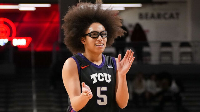 CINCINNATI, OHIO - FEBRUARY 25: Olivia Miles #5 of the TCU Horned Frogs reacts in the fourth quarter against the Cincinnati Bearcats at Fifth Third Arena on February 25, 2026 in Cincinnati, Ohio.