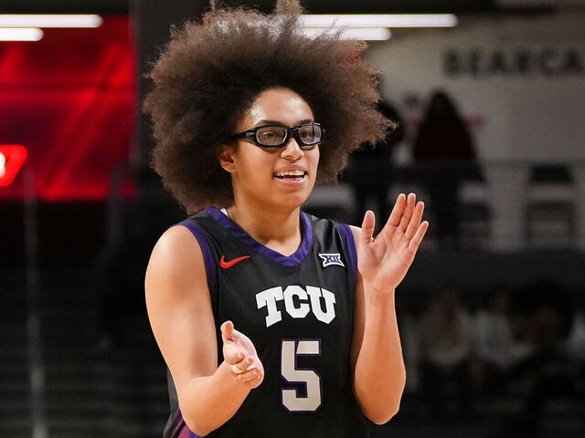 CINCINNATI, OHIO - FEBRUARY 25: Olivia Miles #5 of the TCU Horned Frogs reacts in the fourth quarter against the Cincinnati Bearcats at Fifth Third Arena on February 25, 2026 in Cincinnati, Ohio.