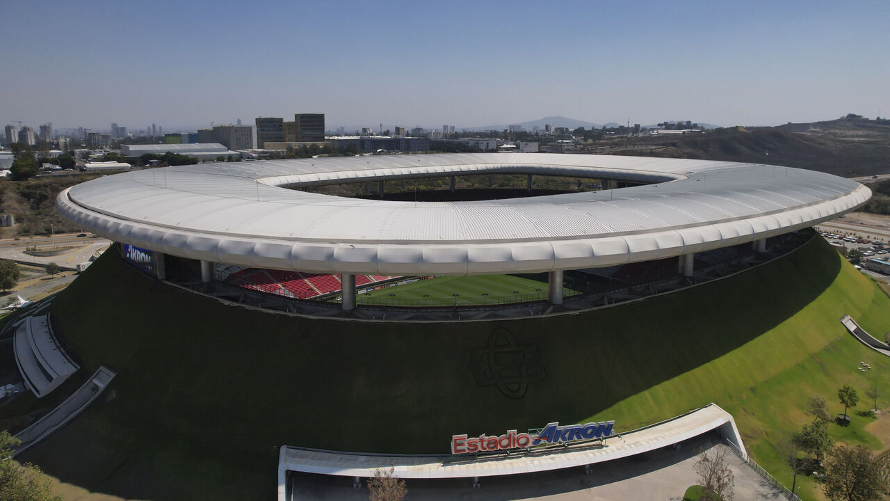 ZAPOPAN, MEXICO - FEBRUARY 24: An aerial view of the facade of the Guadalajara Stadium, in Zapopan, Jalisco, Mexico, on February 24, 2026.