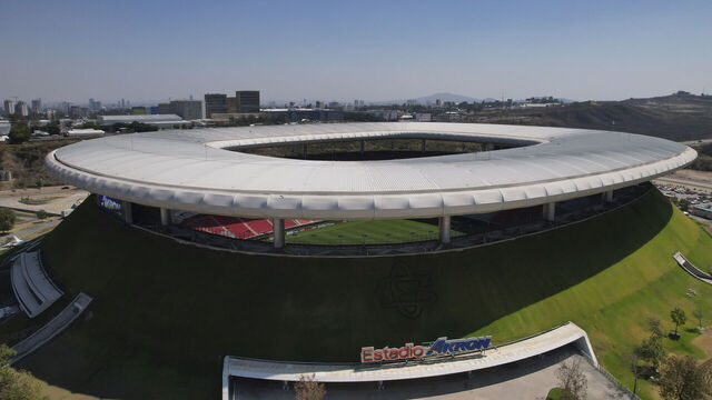 ZAPOPAN, MEXICO - FEBRUARY 24: An aerial view of the facade of the Guadalajara Stadium, in Zapopan, Jalisco, Mexico, on February 24, 2026.