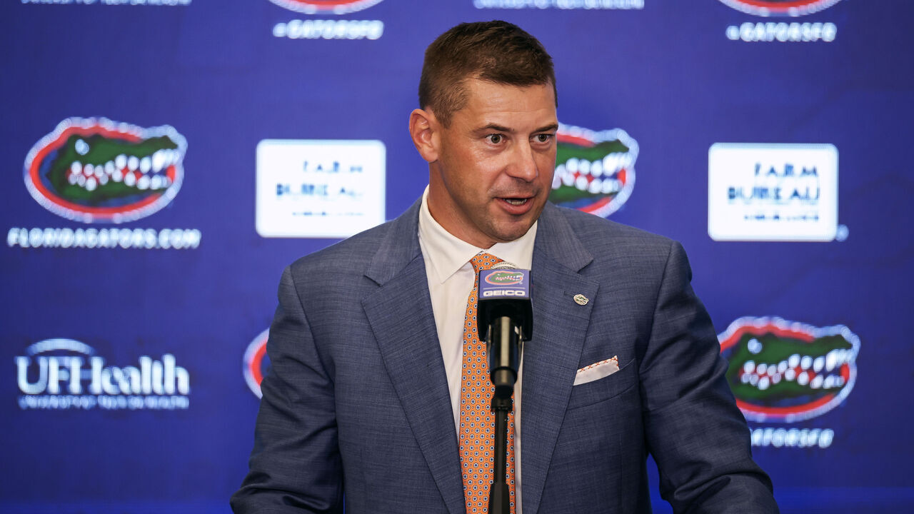GAINESVILLE, FLORIDA - DECEMBER 01: Jon Sumrall speaks during a press confernce introducing him as the new Florida Gators Football Head Coach at the James W. “Bill” Heavener Football Training Center on the University of Florida on December 01, 2025 in Gainesville, Florida.