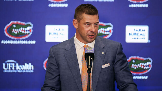 GAINESVILLE, FLORIDA - DECEMBER 01: Jon Sumrall speaks during a press confernce introducing him as the new Florida Gators Football Head Coach at the James W. “Bill” Heavener Football Training Center on the University of Florida on December 01, 2025 in Gainesville, Florida.