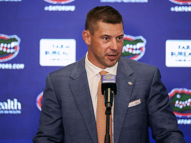 GAINESVILLE, FLORIDA - DECEMBER 01: Jon Sumrall speaks during a press confernce introducing him as the new Florida Gators Football Head Coach at the James W. “Bill” Heavener Football Training Center on the University of Florida on December 01, 2025 in Gainesville, Florida.