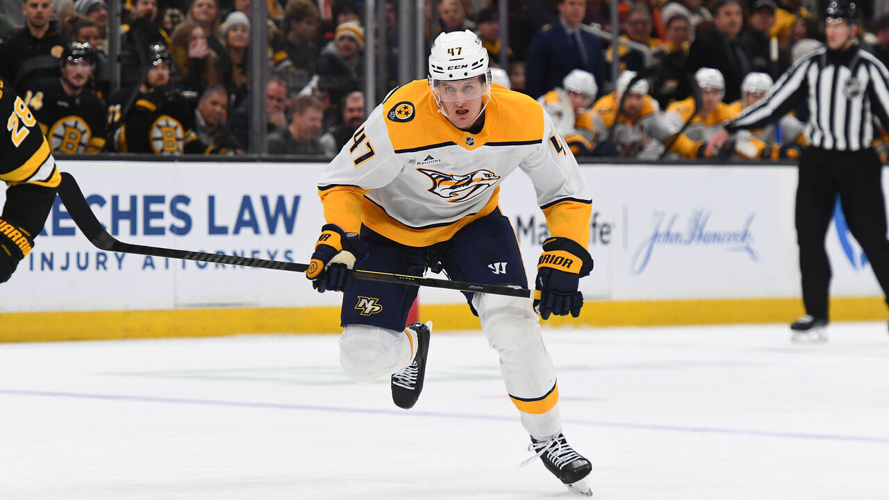 BOSTON, MASSACHUSETTS - JANUARY 27: Michael McCarron #47 of the Nashville Predators skates against the Boston Bruins at the TD Garden on January 27, 2026 in Boston, Massachusetts.