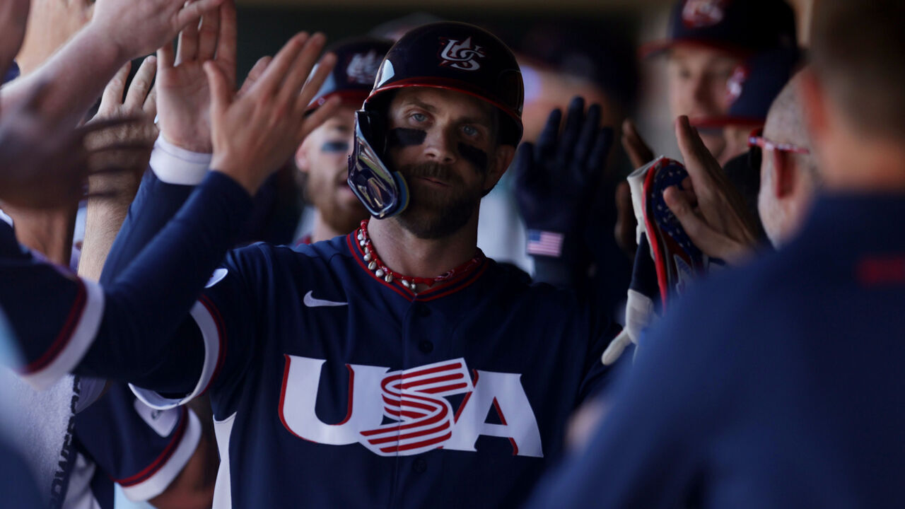 SCOTTSDALE, AZ - MARCH 03: Bryce Harper #24 of Team USA celebrates with teammates in the dugout during the 2026 World Baseball Classic exhibition game presented by Capital One between Team USA and San Francisco Giants at Scottsdale Stadium on Tuesday, March 3, 2026 in Scottsdale, Arizona.
