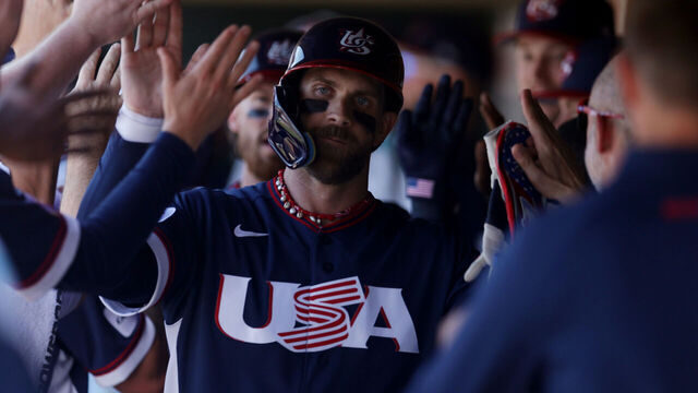 SCOTTSDALE, AZ - MARCH 03: Bryce Harper #24 of Team USA celebrates with teammates in the dugout during the 2026 World Baseball Classic exhibition game presented by Capital One between Team USA and San Francisco Giants at Scottsdale Stadium on Tuesday, March 3, 2026 in Scottsdale, Arizona.