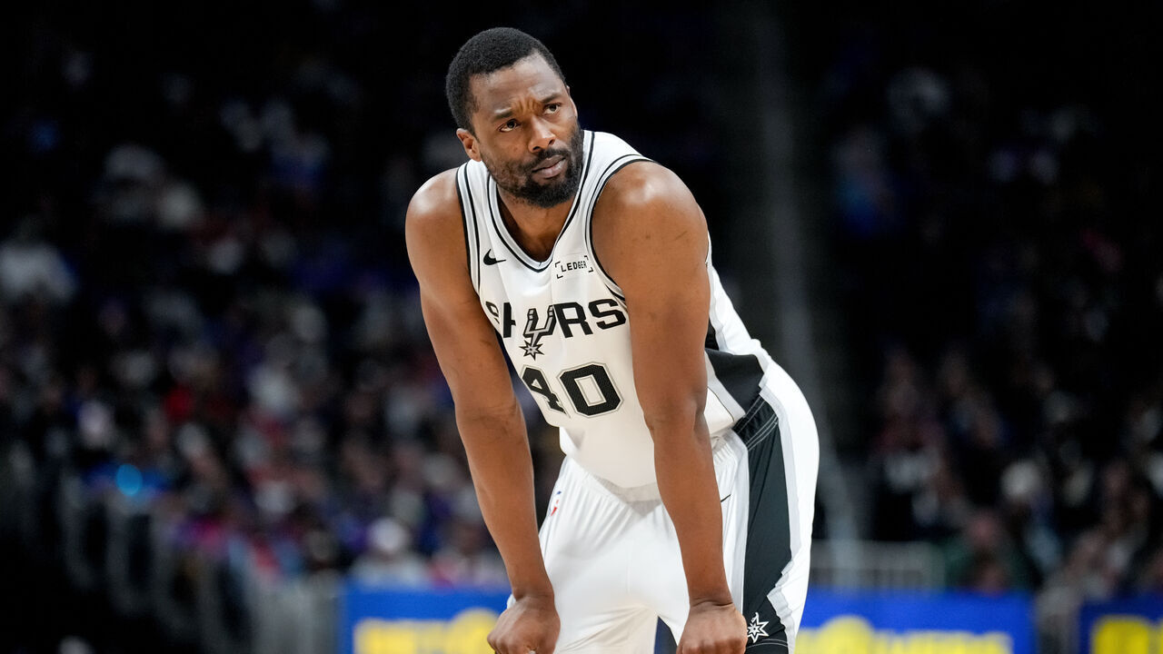 DETROIT, MICHIGAN - FEBRUARY 23: Harrison Barnes #40 of the San Antonio Spurs looks on against the Detroit Pistons at Little Caesars Arena on February 23, 2026 in Detroit, Michigan.