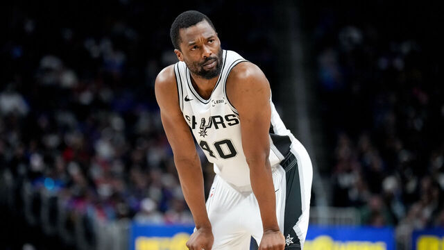 DETROIT, MICHIGAN - FEBRUARY 23: Harrison Barnes #40 of the San Antonio Spurs looks on against the Detroit Pistons at Little Caesars Arena on February 23, 2026 in Detroit, Michigan.
