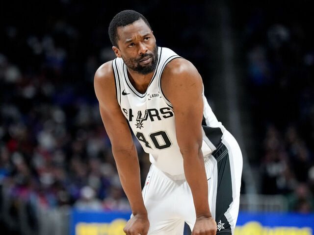 DETROIT, MICHIGAN - FEBRUARY 23: Harrison Barnes #40 of the San Antonio Spurs looks on against the Detroit Pistons at Little Caesars Arena on February 23, 2026 in Detroit, Michigan.