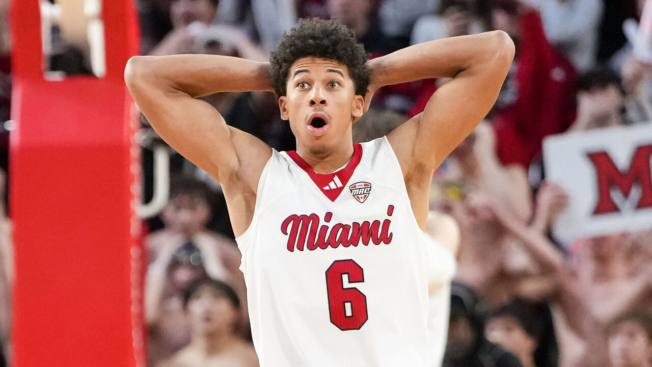 OXFORD, OHIO - JANUARY 27: Justin Kirby #6 of the Miami (OH) RedHawks reacts in the second half against the UMass Minutemen at Millett Hall on January 27, 2026 in Oxford, Ohio.