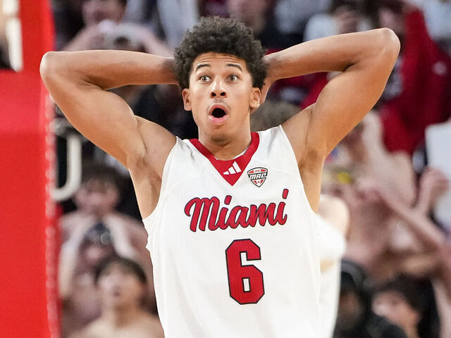 OXFORD, OHIO - JANUARY 27: Justin Kirby #6 of the Miami (OH) RedHawks reacts in the second half against the UMass Minutemen at Millett Hall on January 27, 2026 in Oxford, Ohio.