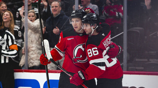 NEWARK, NEW JERSEY - MARCH 3 : Arseny Gritsyuk #81 of the New Jersey Devils celebrates after scoring a goal with teammate Jack Hughes #86 during the first period of the NHL regular season game against the Florida Panthers at the Prudential Center on March 3, 2026 in Newark, New Jersey.