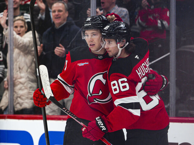 NEWARK, NEW JERSEY - MARCH 3 : Arseny Gritsyuk #81 of the New Jersey Devils celebrates after scoring a goal with teammate Jack Hughes #86 during the first period of the NHL regular season game against the Florida Panthers at the Prudential Center on March 3, 2026 in Newark, New Jersey.