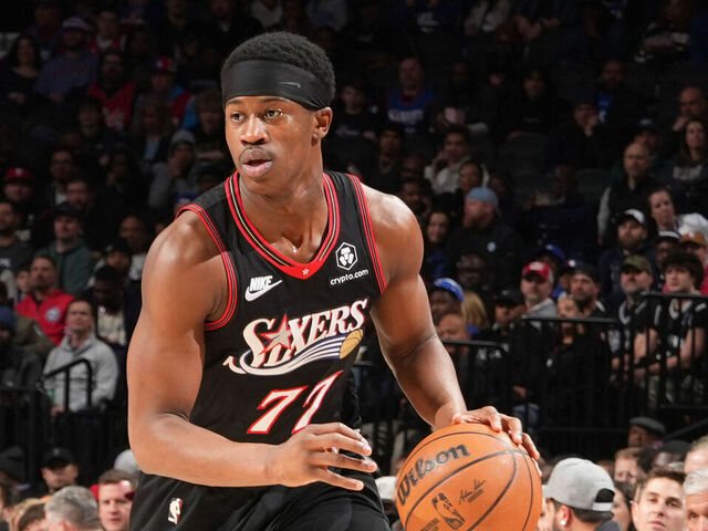PHILADELPHIA, PA - MARCH 3: VJ Edgecombe #77 of the Philadelphia 76ers dribbles the ball during the game against the San Antonio Spurs on March 3, 2026 at the Wells Fargo Center in Philadelphia, Pennsylvania NOTE TO USER: User expressly acknowledges and agrees that, by downloading and/or using this Photograph, user is consenting to the terms and conditions of the Getty Images License Agreement. Mandatory Copyright Notice: Copyright 2026 NBAE