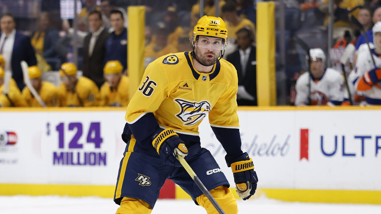 NASHVILLE, TENNESSEE - JANUARY 08: Cole Smith #36 of the Nashville Predators looks on during the second period of the game against the New York Islanders at Bridgestone Arena on January 08, 2026 in Nashville, Tennessee.