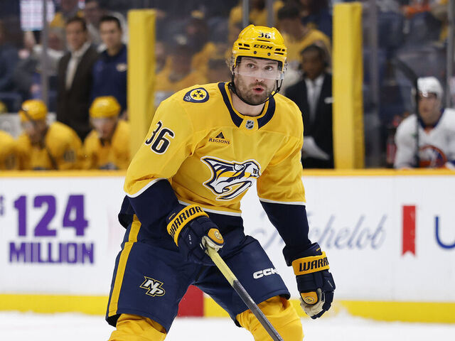 NASHVILLE, TENNESSEE - JANUARY 08: Cole Smith #36 of the Nashville Predators looks on during the second period of the game against the New York Islanders at Bridgestone Arena on January 08, 2026 in Nashville, Tennessee.