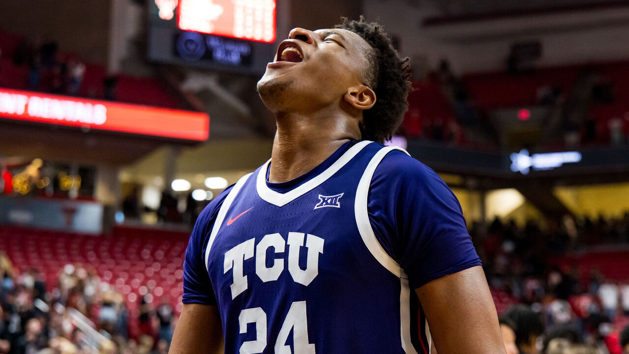 LUBBOCK, TEXAS - MARCH 03: Xavier Edmonds #24 of the TCU Horned Frogs celebrates after a game against the Texas Tech Red Raiders at United Supermarkets Arena on March 03, 2026 in Lubbock, Texas.