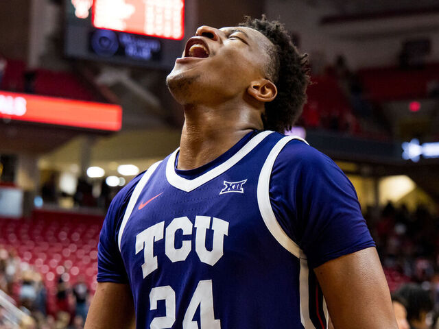 LUBBOCK, TEXAS - MARCH 03: Xavier Edmonds #24 of the TCU Horned Frogs celebrates after a game against the Texas Tech Red Raiders at United Supermarkets Arena on March 03, 2026 in Lubbock, Texas.