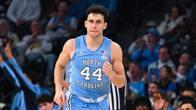 ATLANTA, GA - JANUARY 31: North Carolina guard Luka Bogavac (44) reacts after making a three-pointer during the college basketball game between the North Carolina Tar Heels and the Georgia Tech Yellow Jackets on January 31st, 2026 at Hank McCamish Pavilion in Atlanta, GA.
