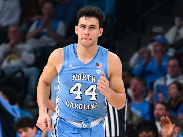 ATLANTA, GA - JANUARY 31: North Carolina guard Luka Bogavac (44) reacts after making a three-pointer during the college basketball game between the North Carolina Tar Heels and the Georgia Tech Yellow Jackets on January 31st, 2026 at Hank McCamish Pavilion in Atlanta, GA.
