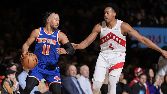 TORONTO, CANADA - MARCH 3: Jalen Brunson #11 of the New York Knicks dribbles the ball during the game against the Toronto Raptors on March 3, 2026 at the Scotiabank Arena in Toronto, Ontario, Canada. Mandatory Copyright Notice: Copyright 2026 NBAE
