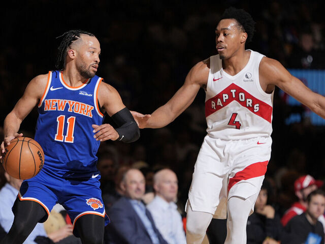 TORONTO, CANADA - MARCH 3: Jalen Brunson #11 of the New York Knicks dribbles the ball during the game against the Toronto Raptors on March 3, 2026 at the Scotiabank Arena in Toronto, Ontario, Canada. Mandatory Copyright Notice: Copyright 2026 NBAE