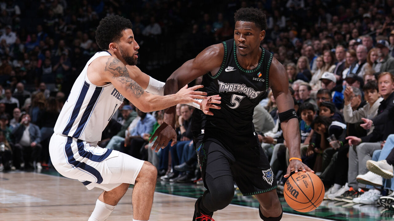 MINNEAPOLIS, MN - MARCH 3: Anthony Edwards #5 of the Minnesota Timberwolves dribbles the ball during the game against the Memphis Grizzlies on March 3, 2026 at Target Center in Minneapolis, Minnesota. Mandatory Copyright Notice: Copyright 2026 NBAE