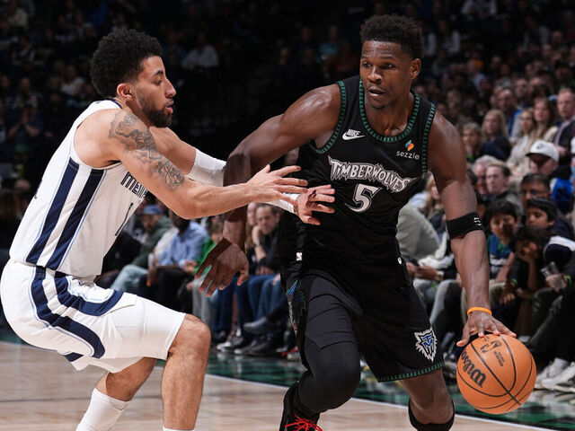 MINNEAPOLIS, MN - MARCH 3: Anthony Edwards #5 of the Minnesota Timberwolves dribbles the ball during the game against the Memphis Grizzlies on March 3, 2026 at Target Center in Minneapolis, Minnesota. Mandatory Copyright Notice: Copyright 2026 NBAE