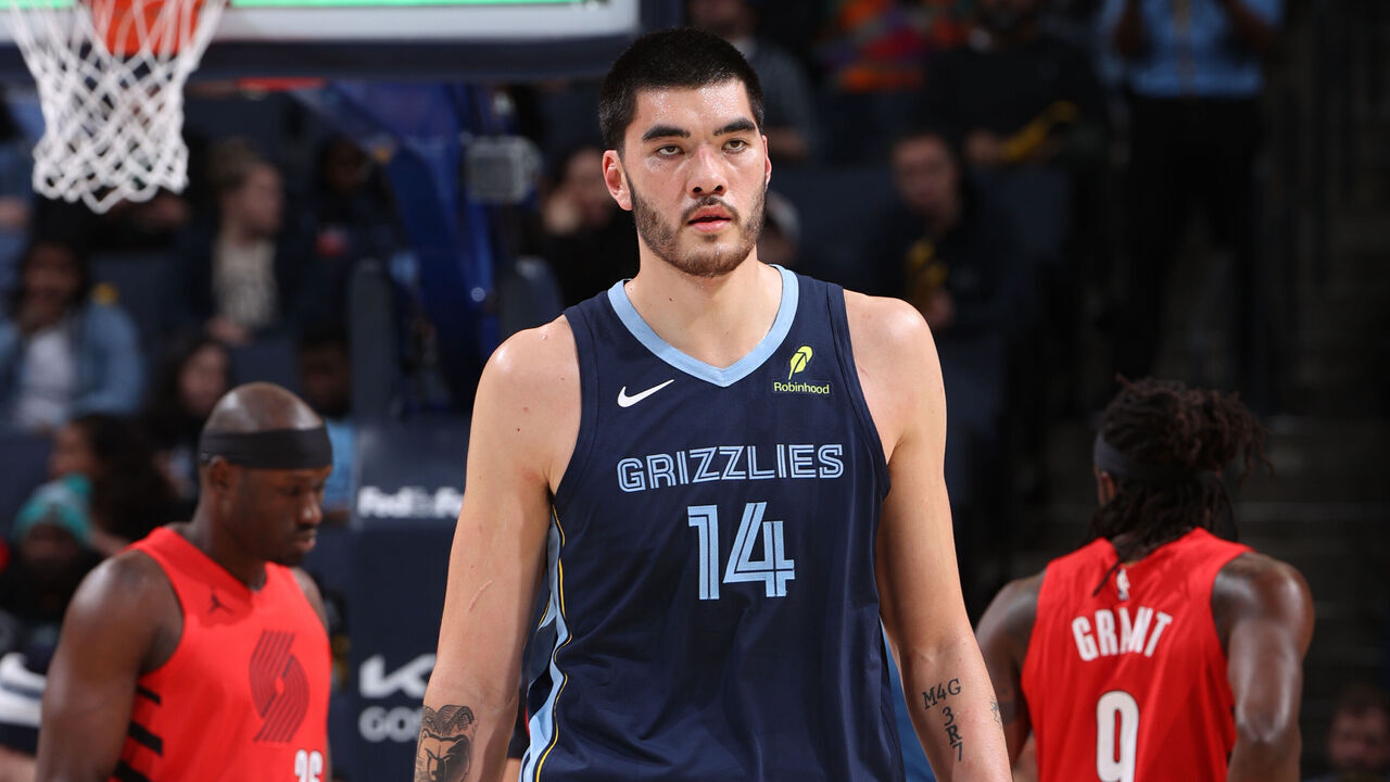 MEMPHIS, TN - DECEMBER 7: Zach Edey #14 of the Memphis Grizzlies looks on during the game against the Portland Trail Blazers on December 7, 2025 at FedExForum in Memphis, Tennessee. Mandatory Copyright Notice: Copyright 2025 NBAE