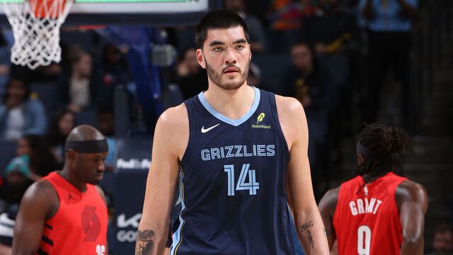 MEMPHIS, TN - DECEMBER 7: Zach Edey #14 of the Memphis Grizzlies looks on during the game against the Portland Trail Blazers on December 7, 2025 at FedExForum in Memphis, Tennessee. Mandatory Copyright Notice: Copyright 2025 NBAE