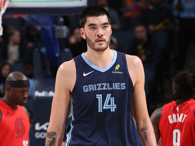 MEMPHIS, TN - DECEMBER 7: Zach Edey #14 of the Memphis Grizzlies looks on during the game against the Portland Trail Blazers on December 7, 2025 at FedExForum in Memphis, Tennessee. Mandatory Copyright Notice: Copyright 2025 NBAE