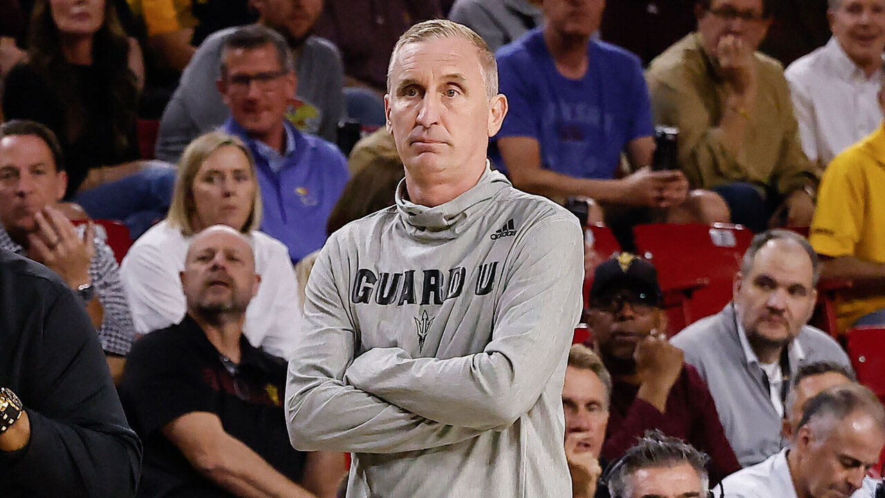 TEMPE, AZ - MARCH 3: Arizona State Sun Devils head coach Bobby Hurley looks on during the college basketball game between the Kansas Jayhawks and the Arizona State Sun Devils on March 3, 2026 at Desert Financial Arena in Tempe, Arizona.