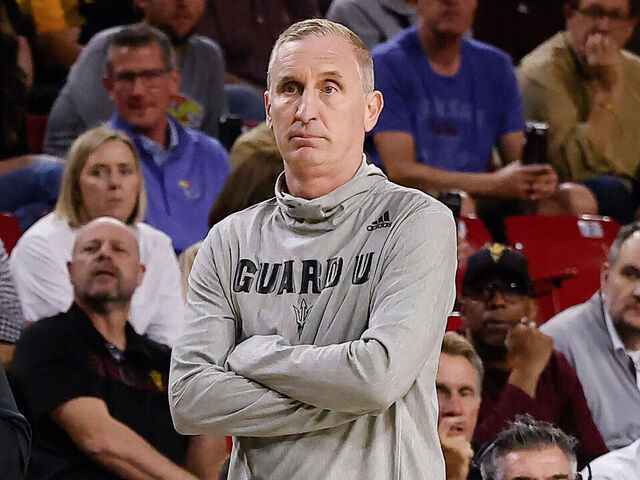 TEMPE, AZ - MARCH 3: Arizona State Sun Devils head coach Bobby Hurley looks on during the college basketball game between the Kansas Jayhawks and the Arizona State Sun Devils on March 3, 2026 at Desert Financial Arena in Tempe, Arizona.
