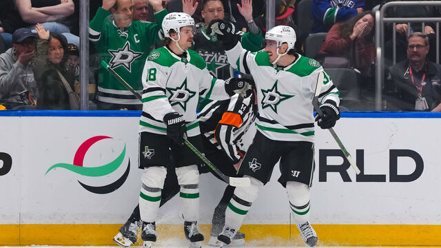 VANCOUVER, CANADA - MARCH 2: Matt Duchene #95 of the Dallas Stars celebrates scoring against the Vancouver Canucks during the third period at Rogers Arena on March 2, 2026 in Vancouver, British Columbia, Canada.