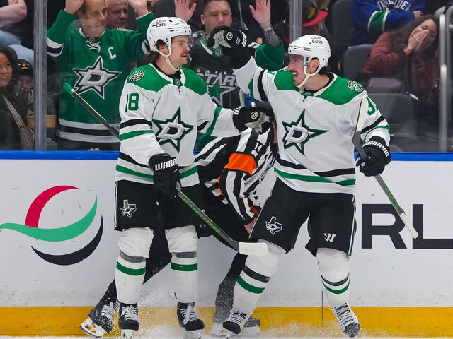 VANCOUVER, CANADA - MARCH 2: Matt Duchene #95 of the Dallas Stars celebrates scoring against the Vancouver Canucks during the third period at Rogers Arena on March 2, 2026 in Vancouver, British Columbia, Canada.