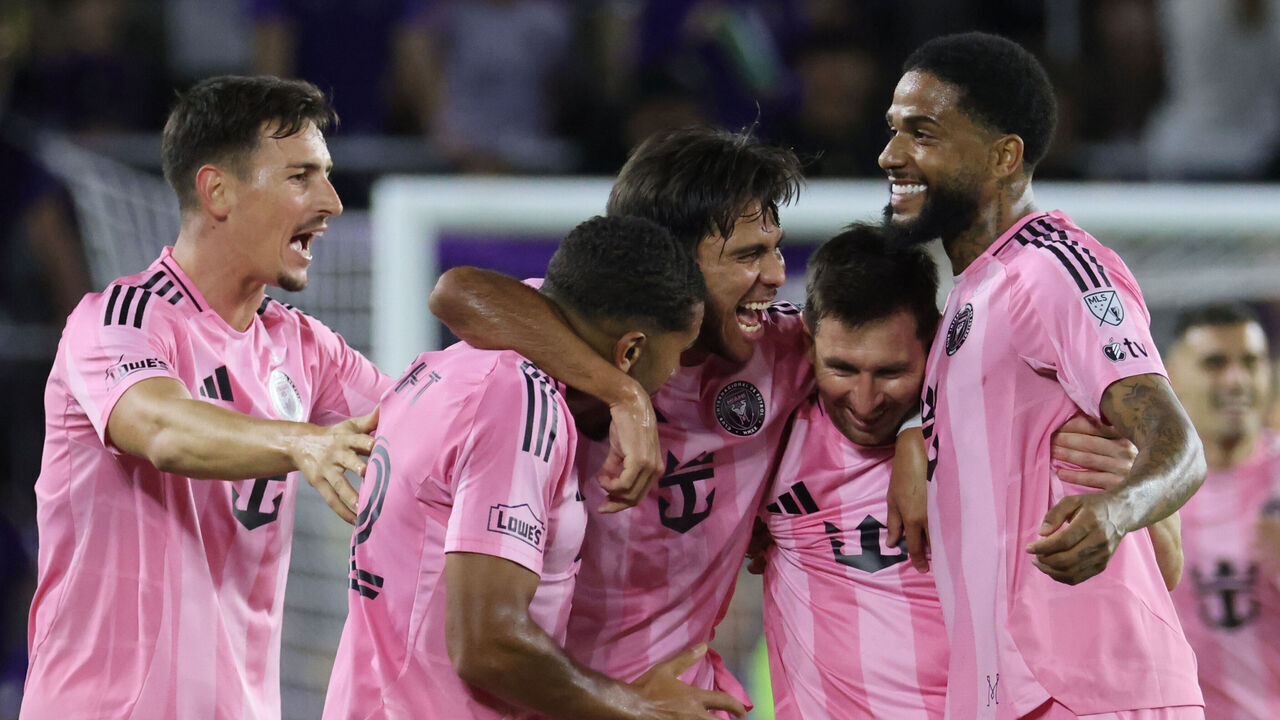 ORLANDO, FLORIDA - MARCH 01: Lionel Messi #10 of Inter Miami CF celebrates with teammates after scoring the team's second goal during the MLS match between Orlando City SC and Inter Miami CF at Inter&Co Stadium on March 01, 2026 in Orlando, Florida.