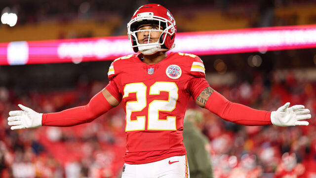 KANSAS CITY, MISSOURI - OCTOBER 27: Trent McDuffie #22 of the Kansas City Chiefs warms up prior to the game against the Washington Commanders at Arrowhead Stadium on October 27, 2025 in Kansas City, Missouri.