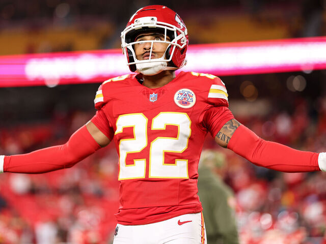 KANSAS CITY, MISSOURI - OCTOBER 27: Trent McDuffie #22 of the Kansas City Chiefs warms up prior to the game against the Washington Commanders at Arrowhead Stadium on October 27, 2025 in Kansas City, Missouri.