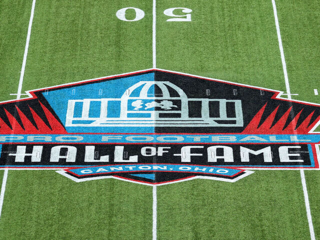 CANTON, OH - AUGUST 03: The Hall of Fame logo at midfield of Tom Benson Hall of Fame Stadium prior to the National Football League Hall of Fame preseason game between the New York Jets and Cleveland Browns on August 3, 2023, at the Tom Benson Hall of Fame Stadium in Canton, OH.