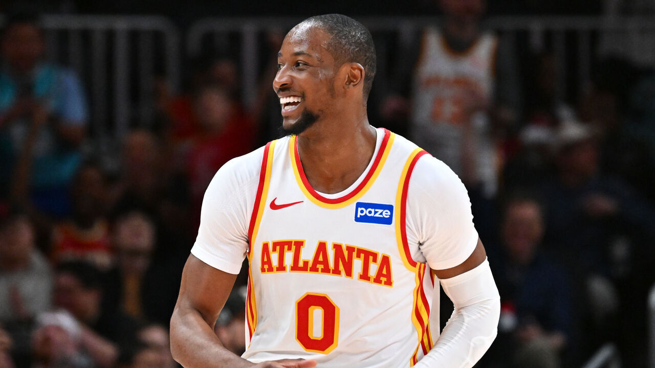 ATLANTA, GA - MARCH 1: Jonathan Kuminga #0 of the Atlanta Hawks smiles during the game against the Portland Trail Blazers on March 1, 2026 at State Farm Arena in Atlanta, Georgia. NOTE TO USER: User expressly acknowledges and agrees that, by downloading and/or using this Photograph, user is consenting to the terms and conditions of the Getty Images License Agreement. Mandatory Copyright Notice: Copyright 2026 NBAE
