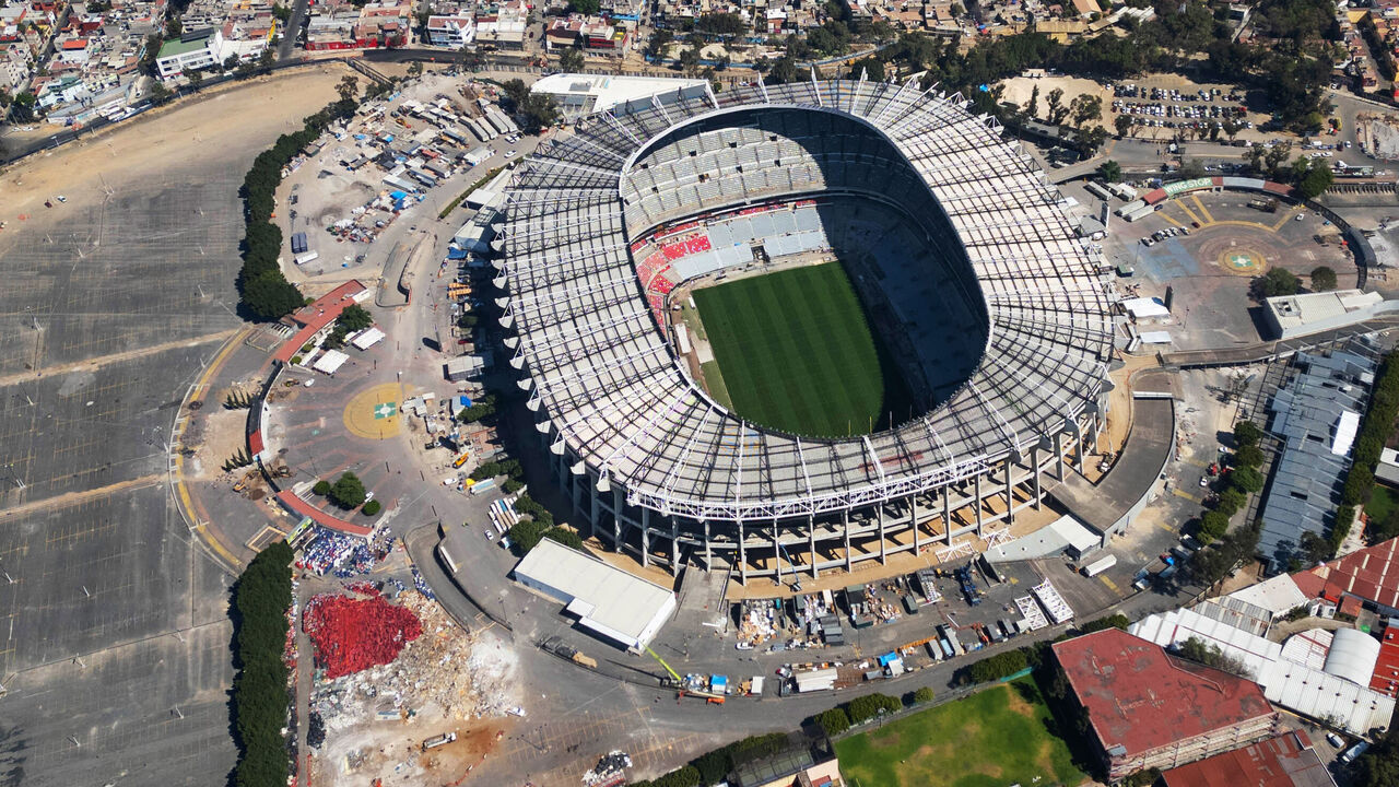 MEXICO CITY, MEXICO - FEBRUARY 13: An aerial view shows the new hybrid pitch and newly installed seats at Azteca Stadium, recently renamed Banorte Stadium, during renovation works ahead of the FIFA World Cup 2026, in Mexico City, Mexico on February 13, 2026. Renovation works continue inside and around the stadium, which will host the opening match of the tournament, marking the third time the venue will stage a World Cup opener, less than four months before it kicks off with Mexico facing South Africa.