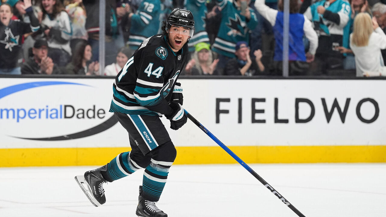 SAN JOSE, CA - MARCH 3: Kiefer Sherwood #44 of the San Jose Sharks celebrates scoring a goal in the third period against the Montreal Canadiens at SAP Center on March 3, 2026 in San Jose, California.