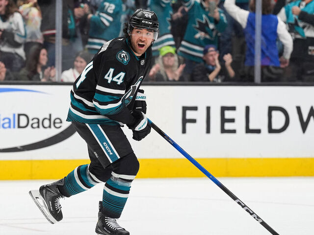 SAN JOSE, CA - MARCH 3: Kiefer Sherwood #44 of the San Jose Sharks celebrates scoring a goal in the third period against the Montreal Canadiens at SAP Center on March 3, 2026 in San Jose, California.