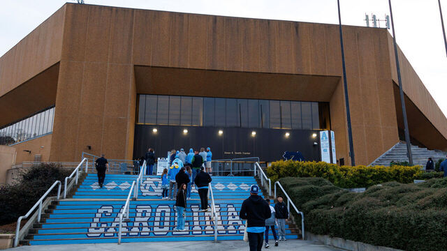 CHAPEL HILL, NC - JANUARY 21: An outside exterior view of the Dean E. Smith Center before a game between the Notre Dame Fighting Irish and the North Carolina Tar Heels on January 21, 2026 at the Dean Smith Center in Chapel Hill, North Carolina. North Carolina won 91-69.
