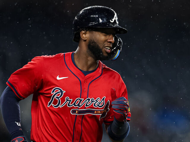 WASHINGTON, DC - SEPTEMBER 16: Jurickson Profar #7 of the Atlanta Braves singles against the Washington Nationals during the first inning in game two of a split doubleheader at Nationals Park on September 16, 2025 in Washington, DC.