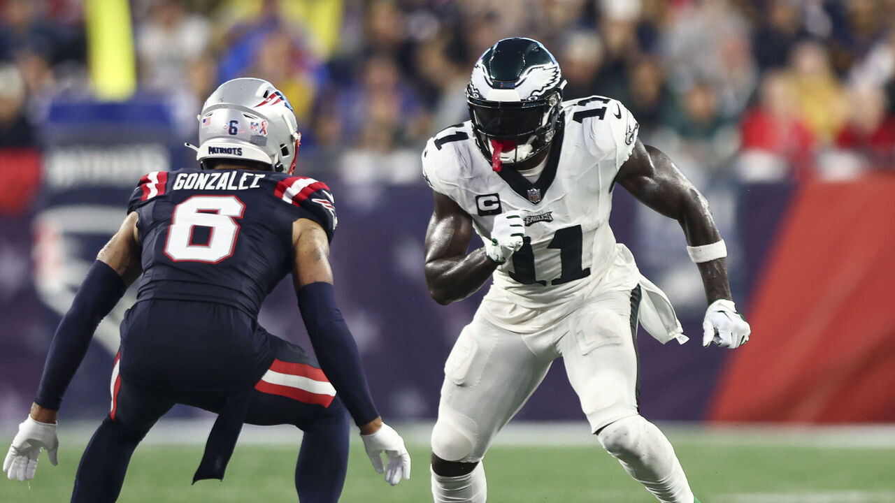FOXBOROUGH, MA - SEPTEMBER 10: A.J. Brown #11 of the Philadelphia Eagles runs downfield as Christian Gonzalez #6 of the New England Patriots defends during an NFL football game at Gillette Stadium on September 10, 2023 in Foxborough, Massachusetts.